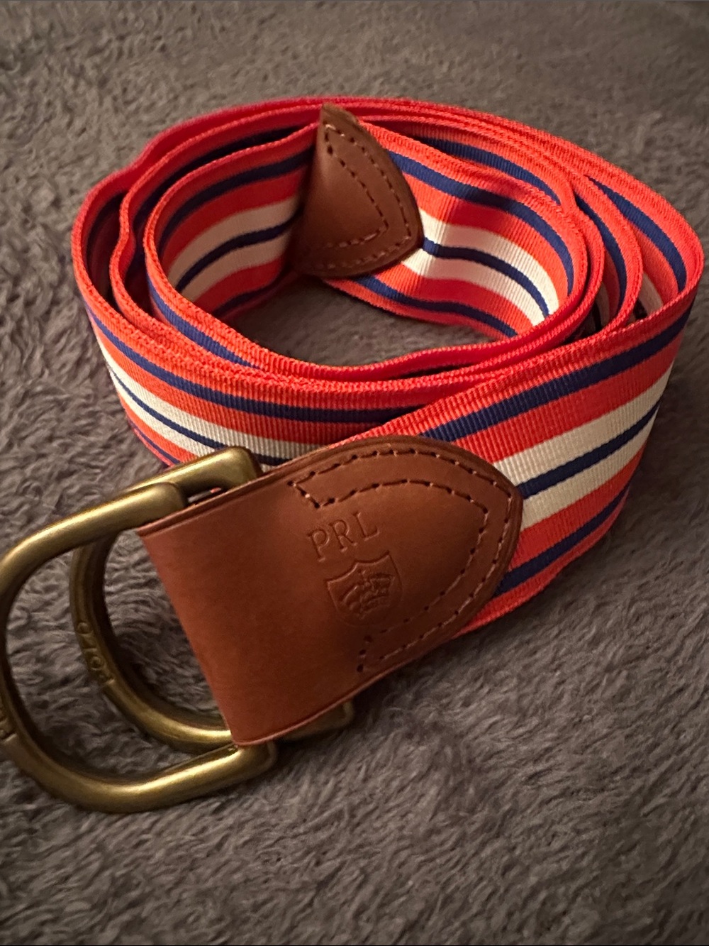 Polo Ralph Lauren Striped Orange, White & Blue Strip Belt with Leather Trim